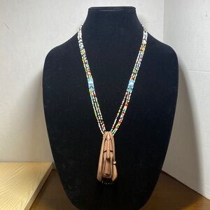 Colorful Beaded Necklace With Carved Wood Pendant